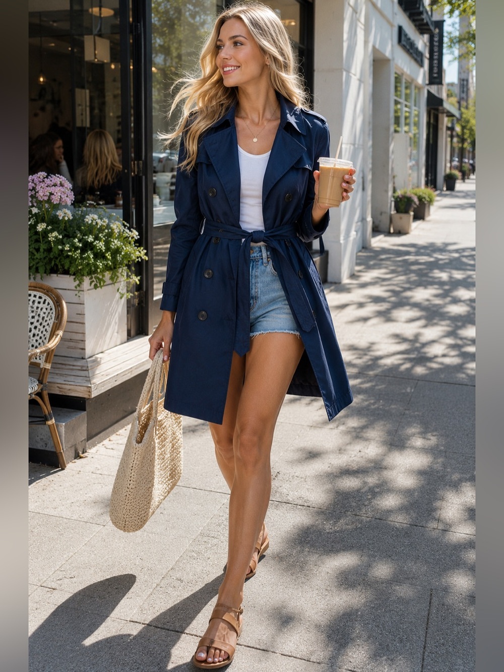 Reitmans Navy Blue Double-Breasted Trench Coat | Belted | Size 7 (ptp 19”)